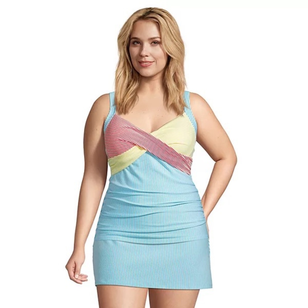 Lands End Plus-Size Seersucker Skirted Tankini 26W